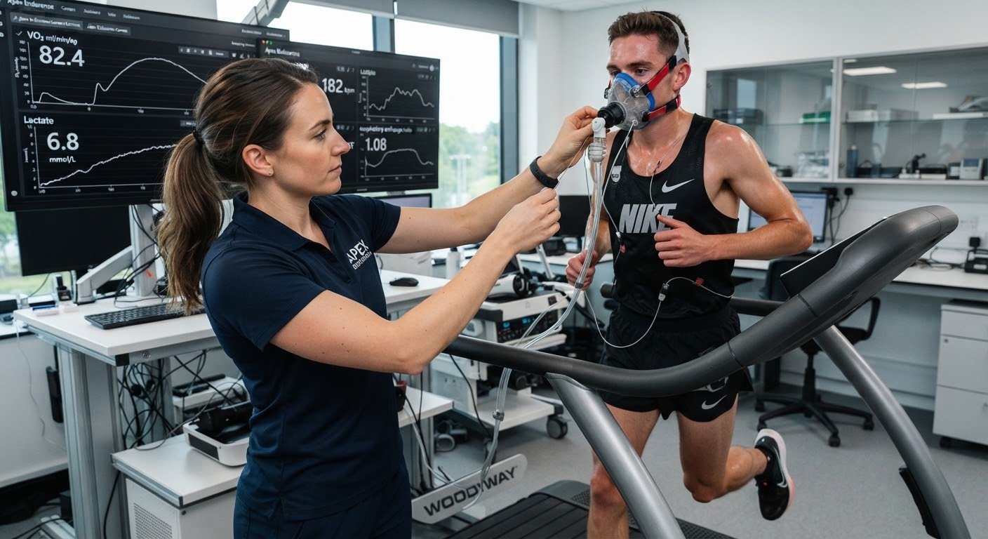 An APEX physiologist fitting a gas-analysis mask on a runner during a treadmill test
